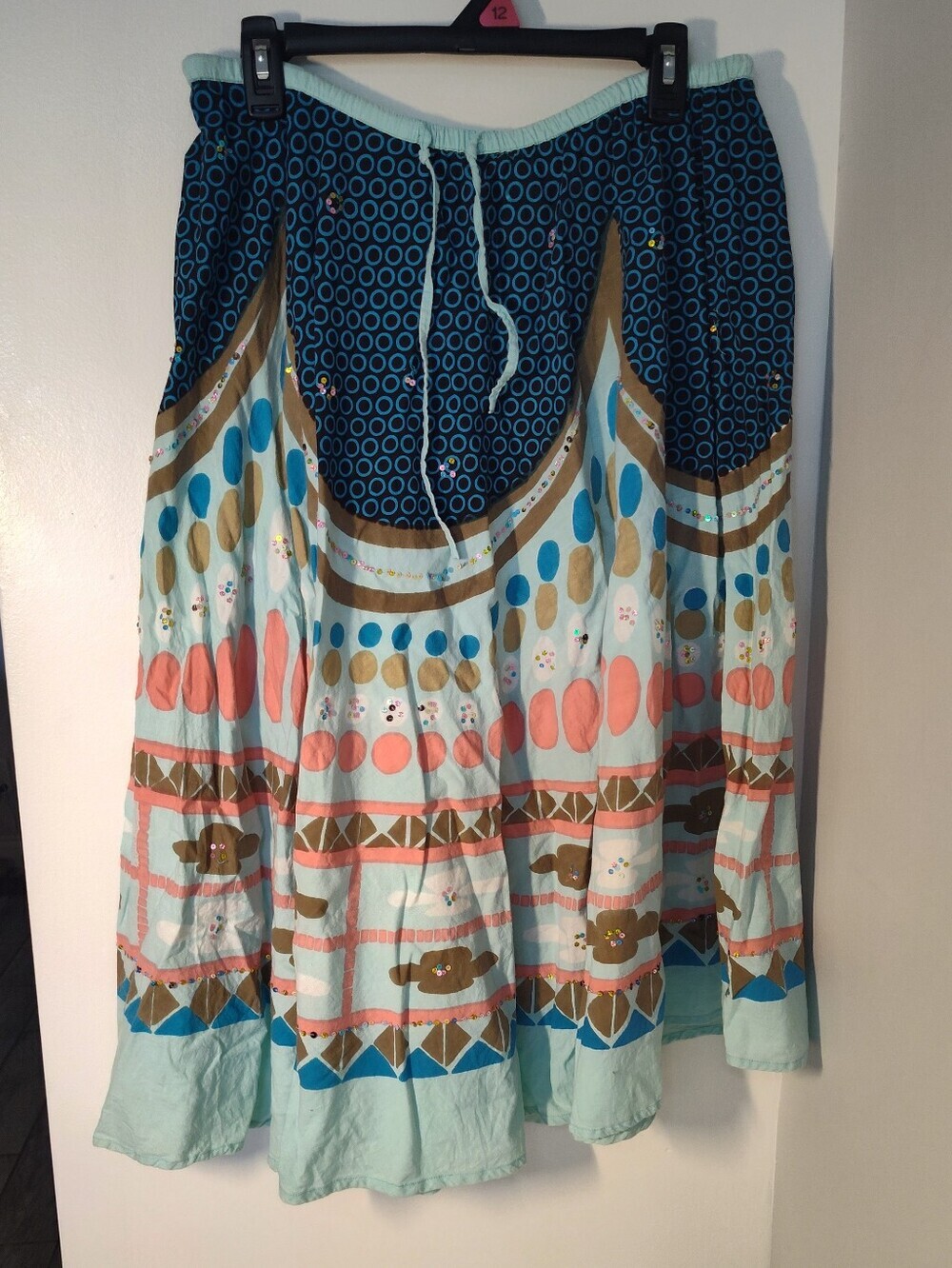 Printed A-Line Midi Skirt in Aqua and Coral #247